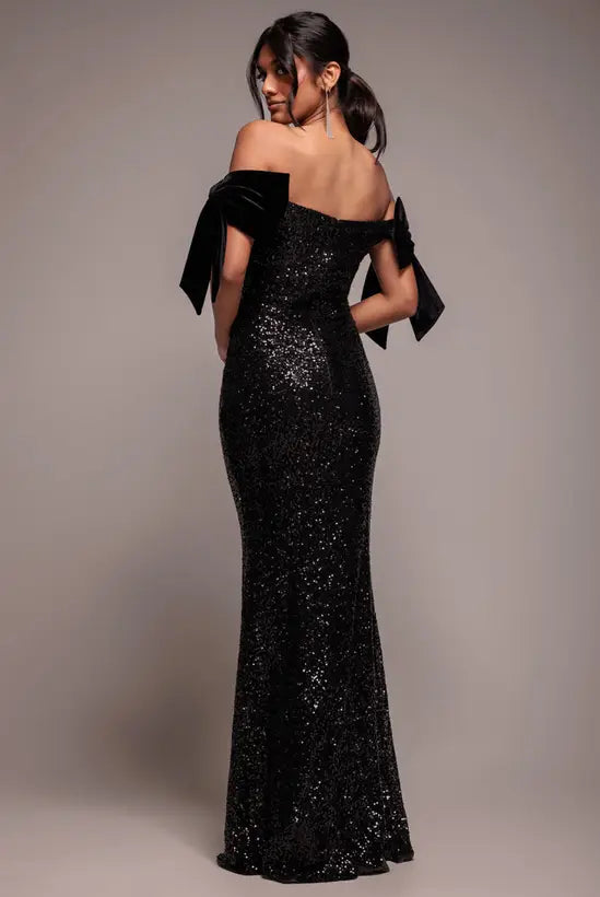 Glamorous Black Sequin Off-the-Shoulder Mermaid Gown with Velvet Bow Detail, Prom Dress