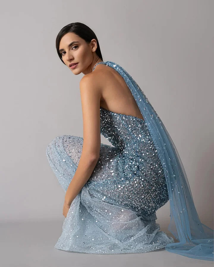 Glamorous Halter Neck Open Back Ombre Sequin Maxi Prom Dress with Sheer Tulle Skirt