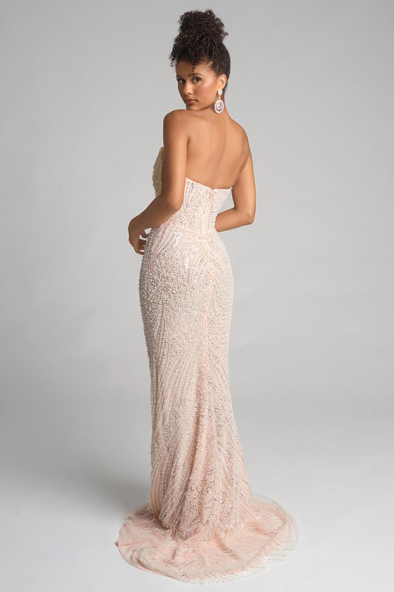 Glamorous Mermaid Strapless Sweetheart Neck Beaded High Slit Long Prom Dress in Blush for Formal Events
