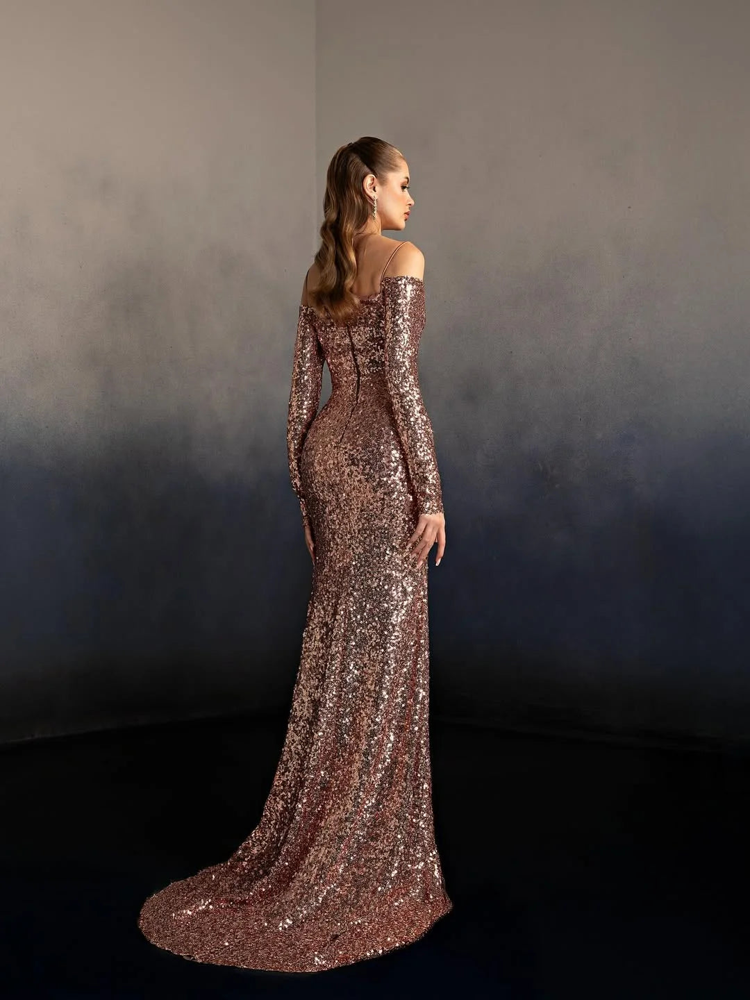 Glamorous Off The Shoulder Long Sleeve Sequin Mermaid Maxi Prom Dress with Thin Spaghetti Straps and Trailing Train