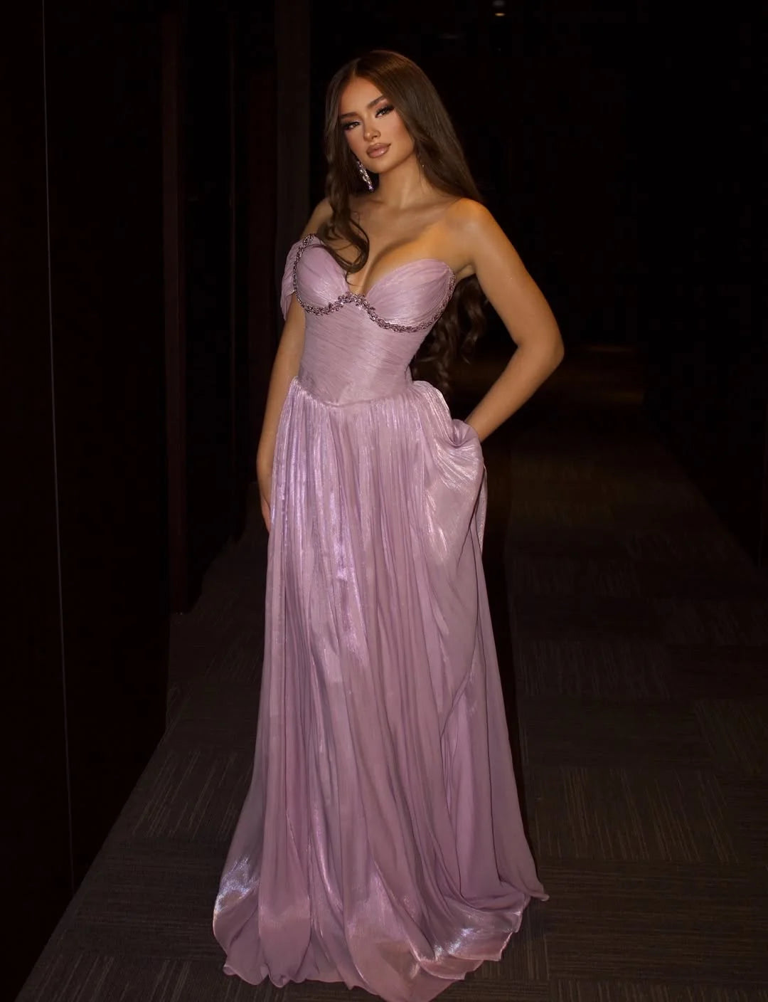 Glamorous Off The Shoulder Sweetheart Beaded Ruched Shimmer Chiffon A-Line Maxi Prom Dress with Pockets