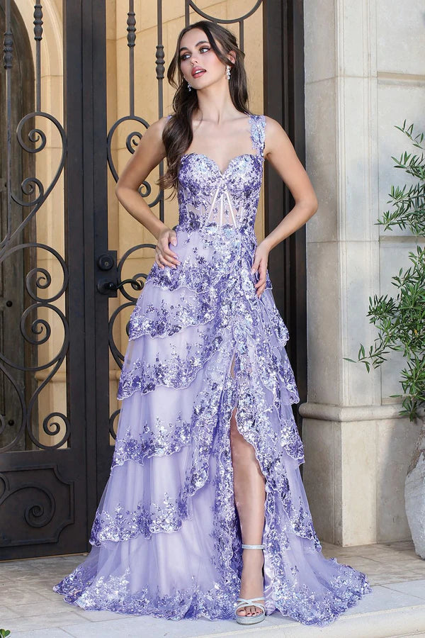 Glamorous Square Neck Red Sequin Floral Embellished Tiered Tulle Gown with Lace-Up Back and Side Slit Prom Dress