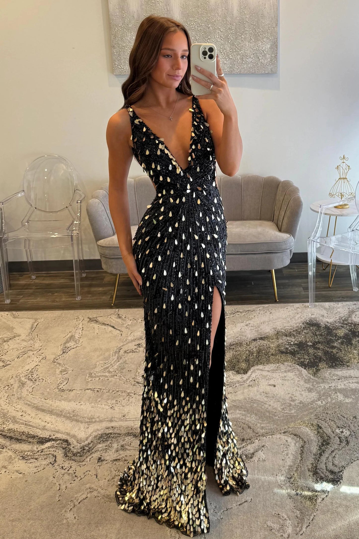 Glamorous V-Neck Black Gold Teardrop Sequin Embellished Form-Fitting Gown with Open Back and Side Slit Prom Dress