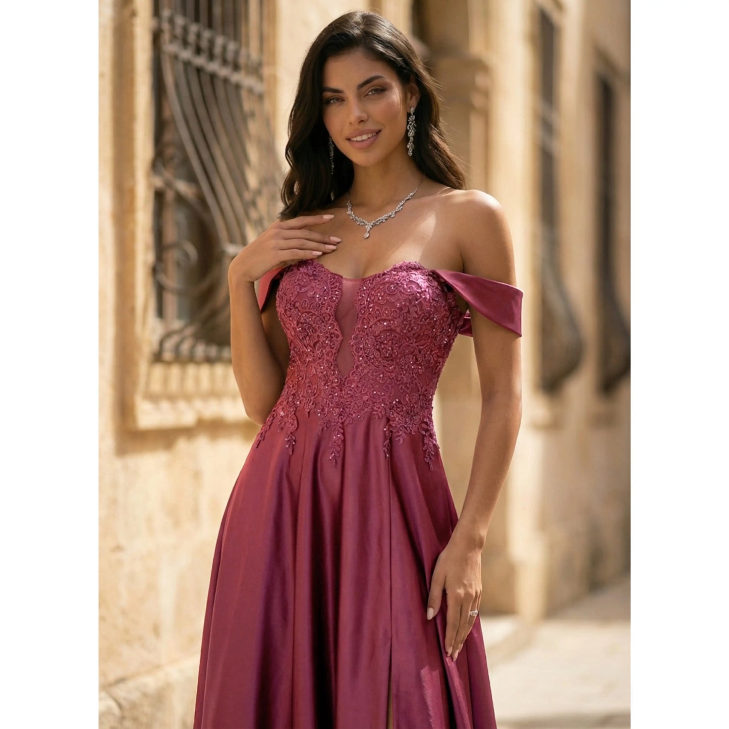Glamorous A-Line Off-Shoulder Beaded Slit Burgundy Floor-Length Prom Gown