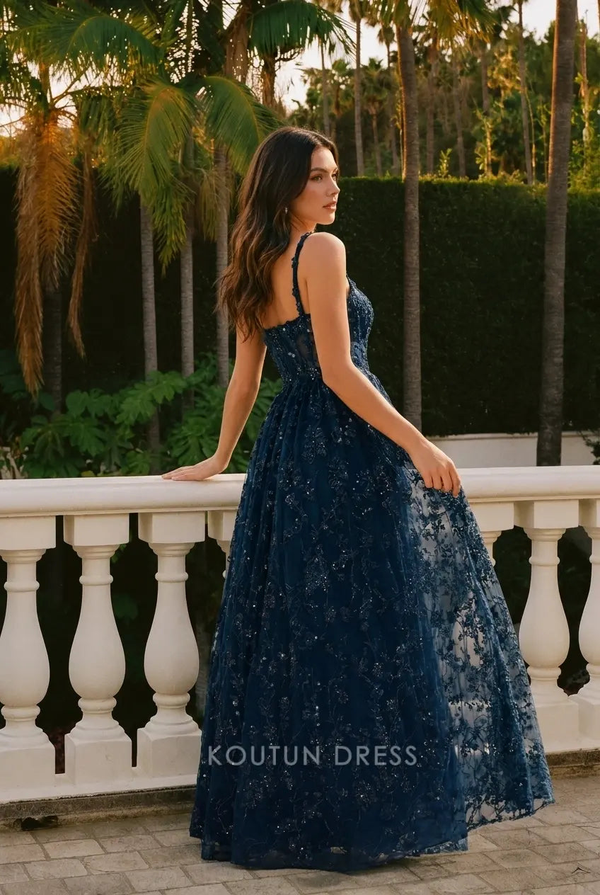 Glamorous A-Line Square Neck Sleeveless Sequin Embroidered Navy Prom Dresses Gown