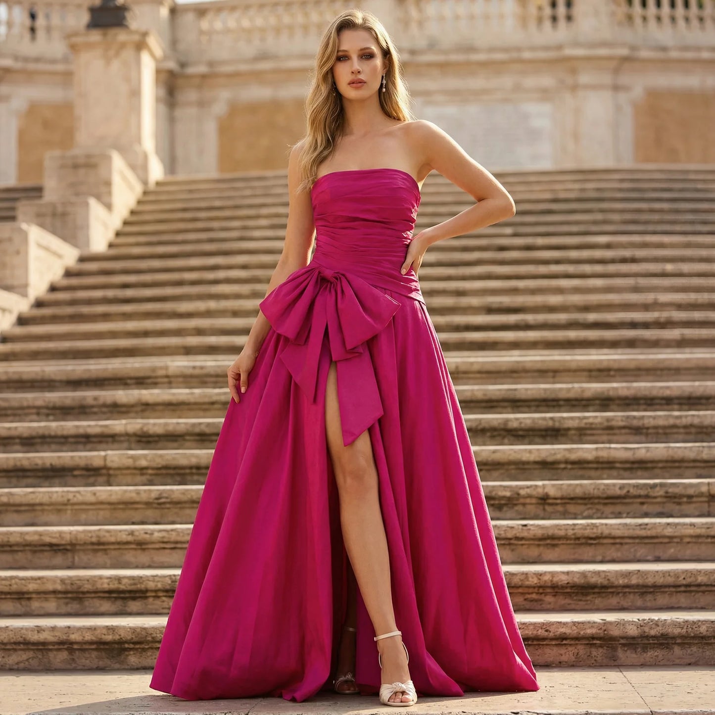 Glamorous A-Line Strapless Bow-Knot High-Slit Fuchsia Long Prom Dresses Gown