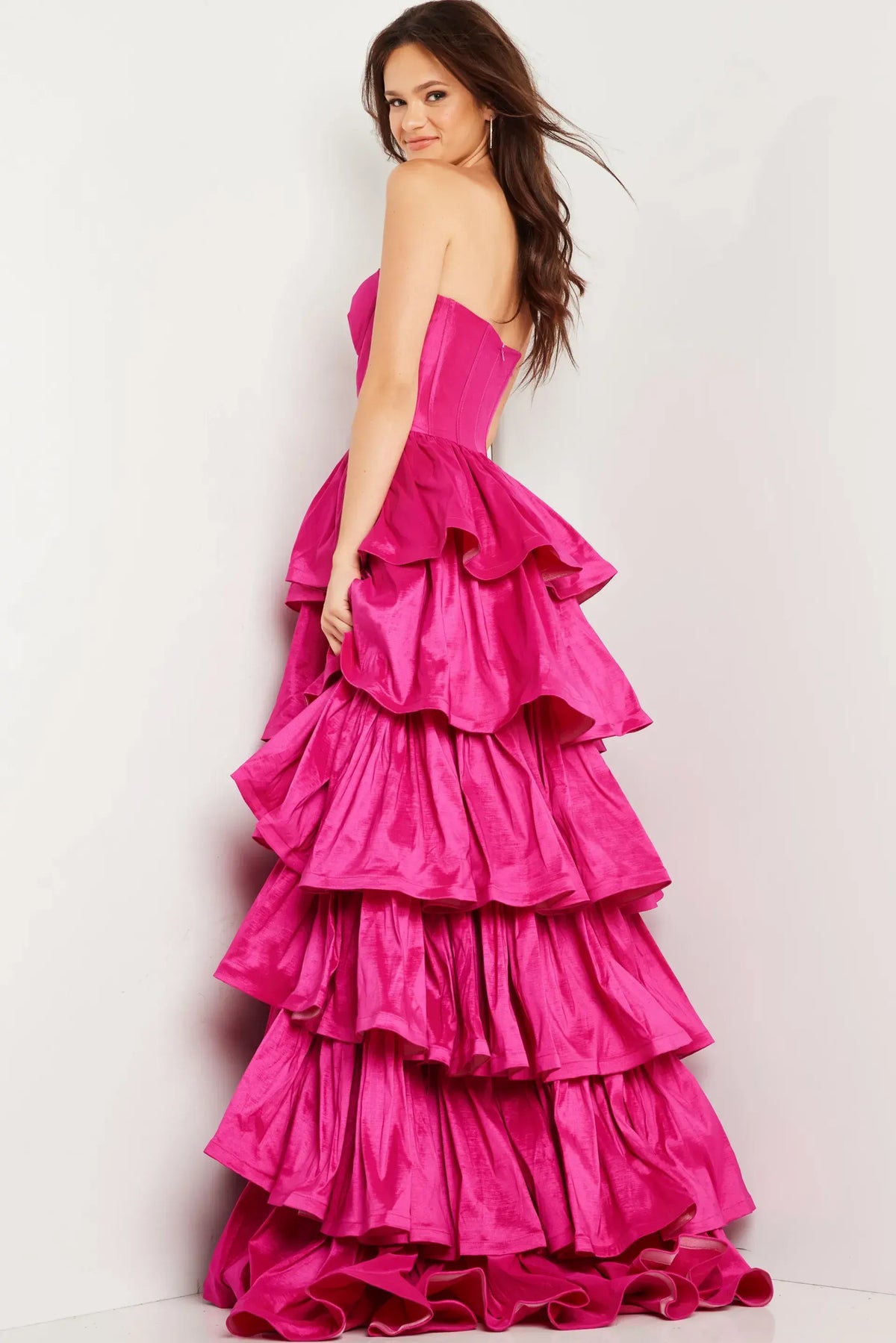 Glamorous A-Line Strapless Sleeveless Corset Ruffled Hot Pink Floor-Length Evening Gown