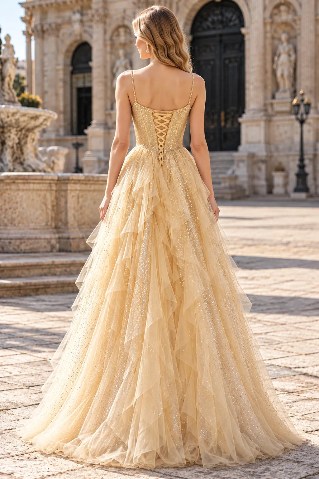 Glamorous A-Line Sweetheart Sleeveless Tiered Ruffled Champagne Long Prom Dresses Gown