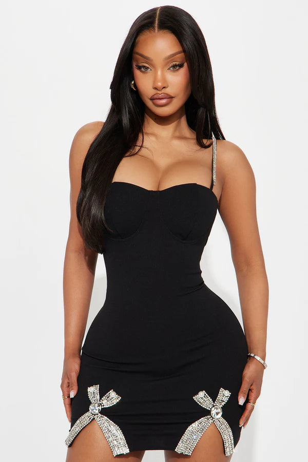 Glamorous Bodycon Sweetheart Sleeveless Rhinestone Bow Slit Black Mini Homecoming Dress