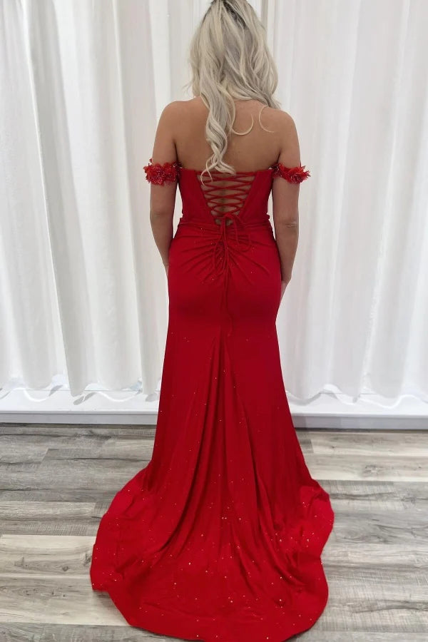 Glamorous Mermaid Off-Shoulder Sparkly Slit Red Long Prom Dresses