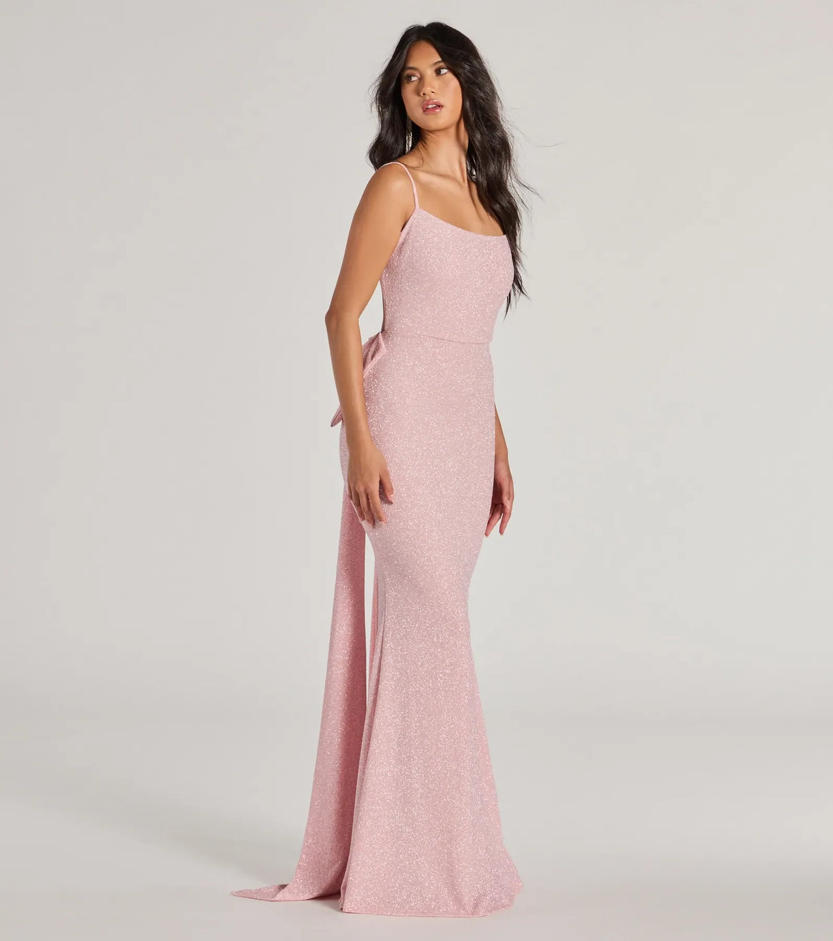 Glamorous Mermaid Square Neck Sleeveless Bow-Back Pink Floor-Length Evening Gown