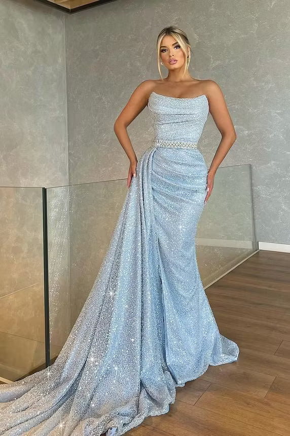Glamorous Mermaid Strapless Sleeveless Elegant Draped Light Blue Floor-Length Prom Dresses Women's Gown