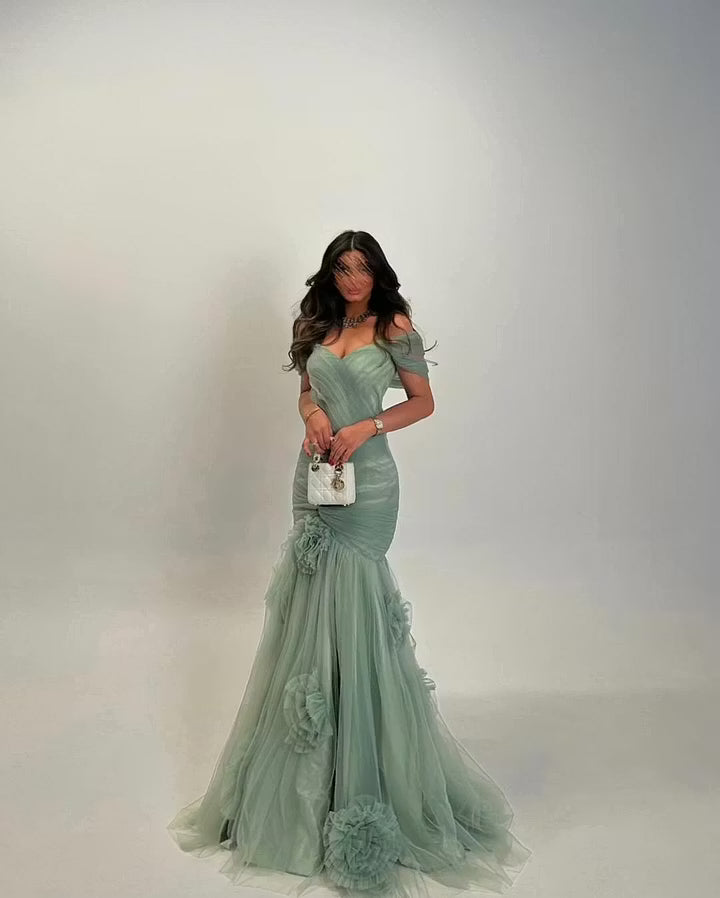 Glamorous Mermaid Sweetheart Off-Shoulder Ruched Sage Green Floor-Length Prom Gown