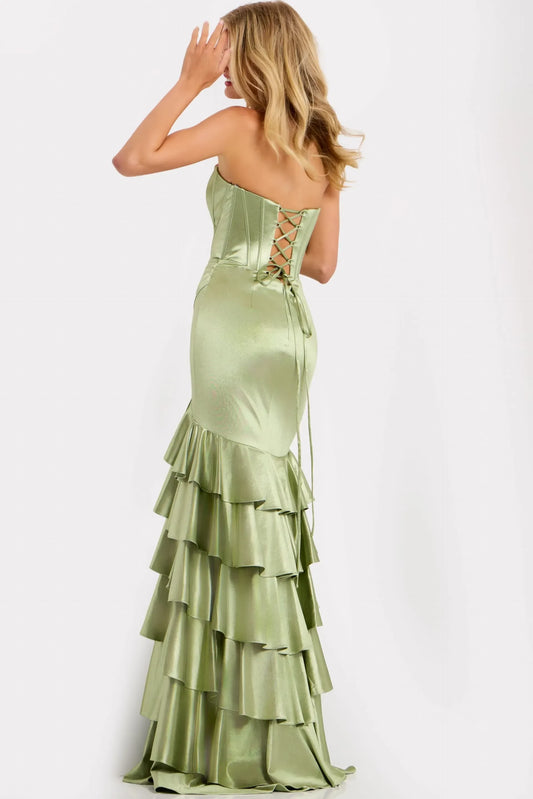 Glamorous Mermaid Sweetheart Sleeveless Corset Ruffled Sage Green Floor-Length Evening Gown