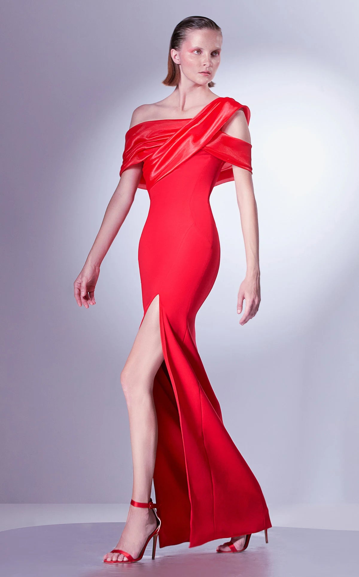 Glamorous Sheath Off-Shoulder Sleeveless Draped High-Slit Red Floor-Length Evening Gown