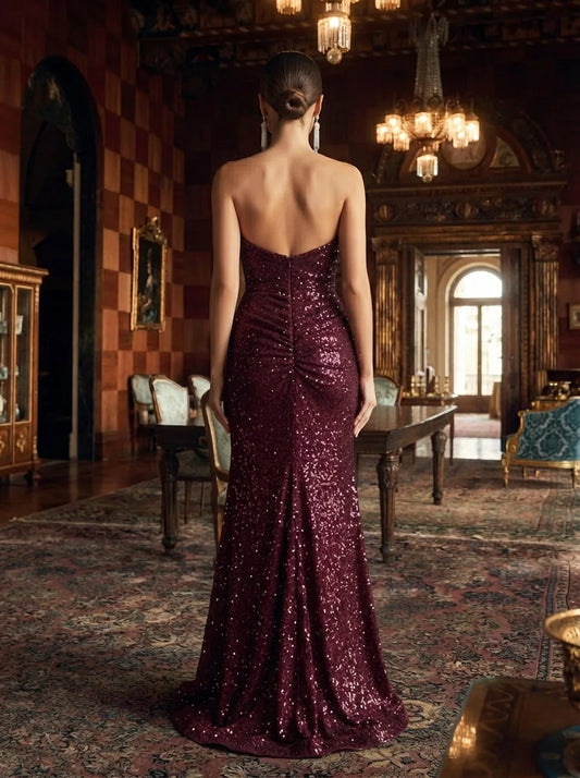 Glamorous Sheath Strapless Sleeveless Ruched Slit Burgundy Maxi Prom Dresses Women
