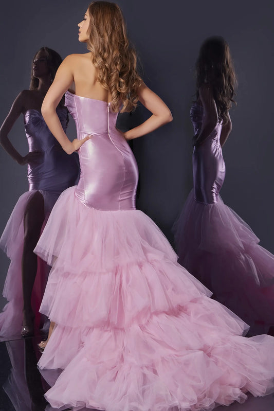 Glamorous Strapless Sweetheart Sleeveless Ruffled Tiered Blush Pink Floor-Length Evening Dresses Gown