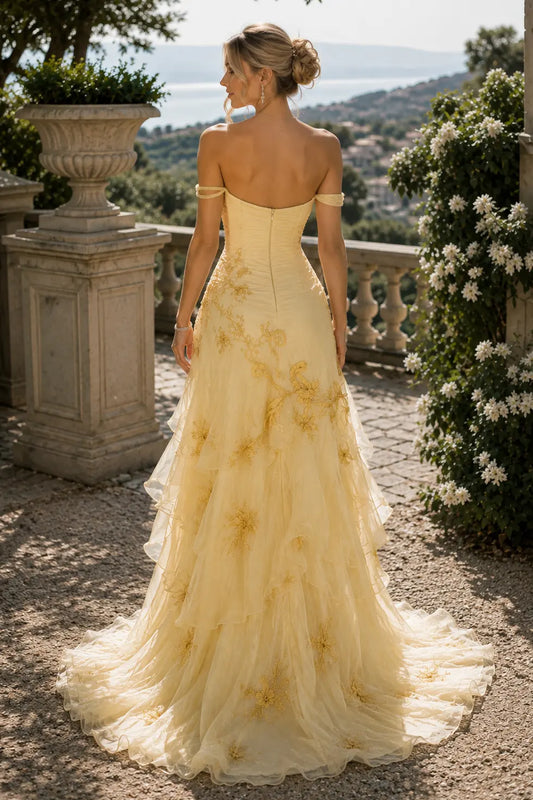 Graceful A-Line Sweetheart Sleeveless Embroidered Tiered Yellow Long Prom Dresses Women