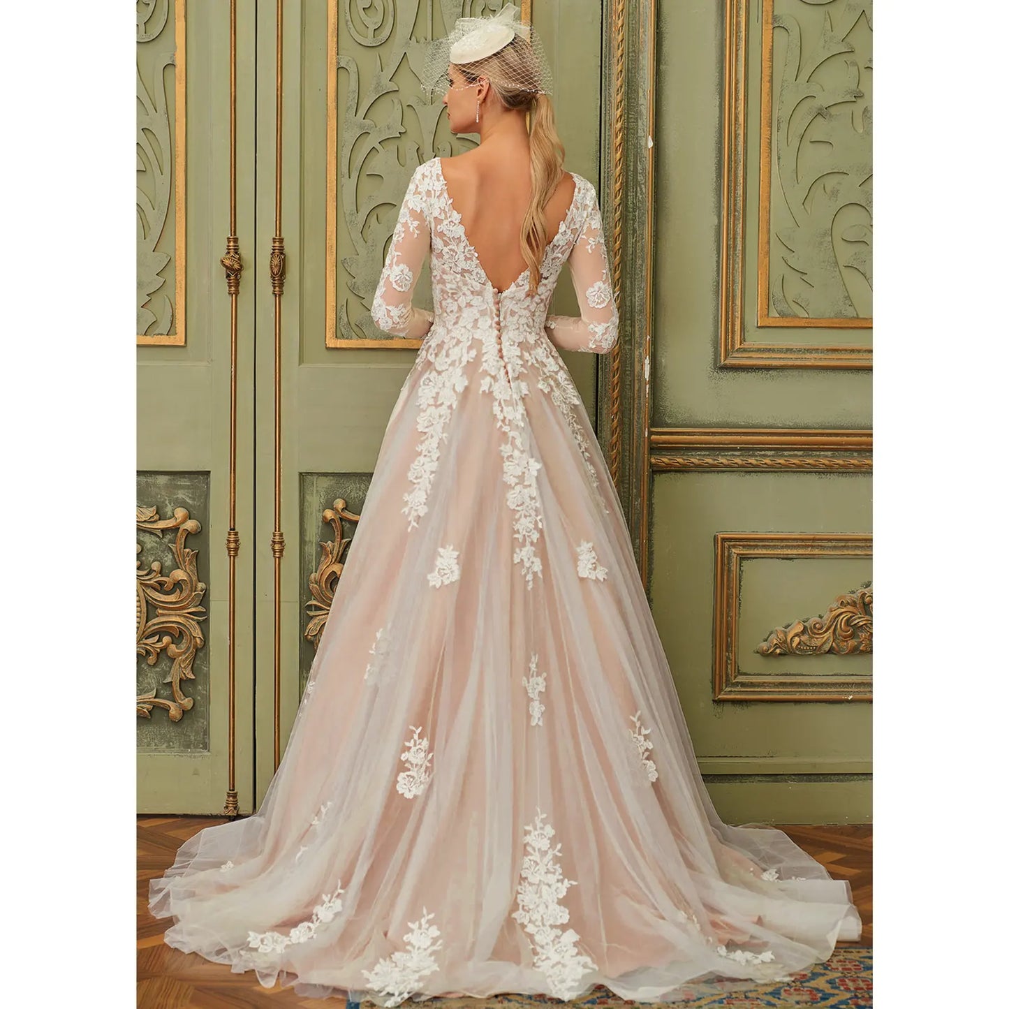 Graceful A-Line V-Neck Long Sleeve Lace Applique Ivory Floor-Length Wedding Gown
