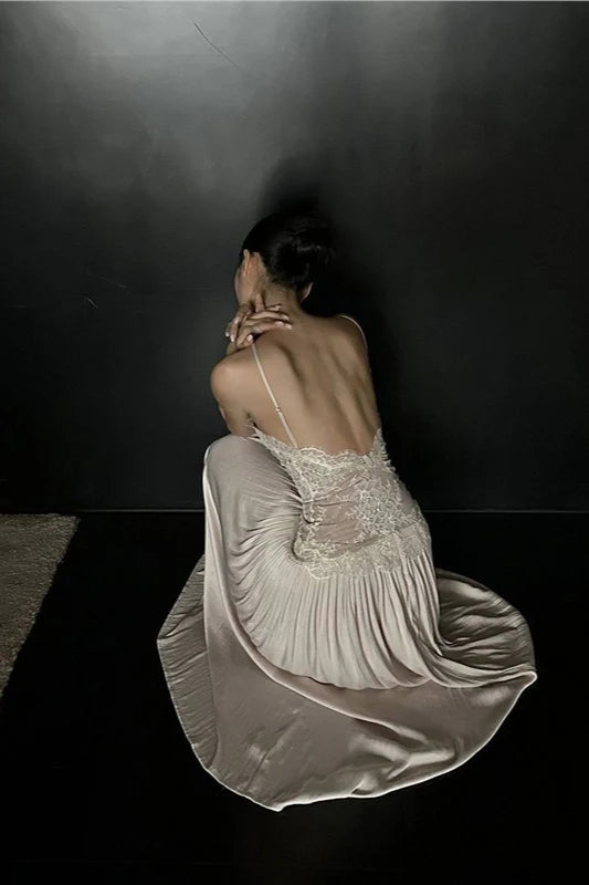 Halter Neck Ivory Lace & Satin Maxi Evening Dresses with Sheer Lace Bodice and Pleated Floor-Length Skirt