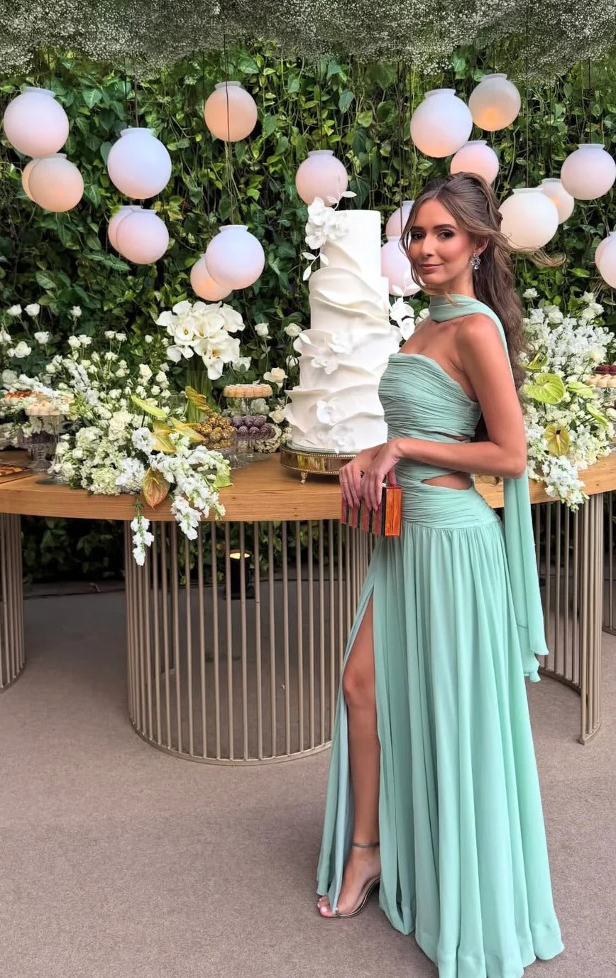 Halter Neck Ruched Cutout Side Slit Chiffon Maxi Prom Dresses (Mint Green)