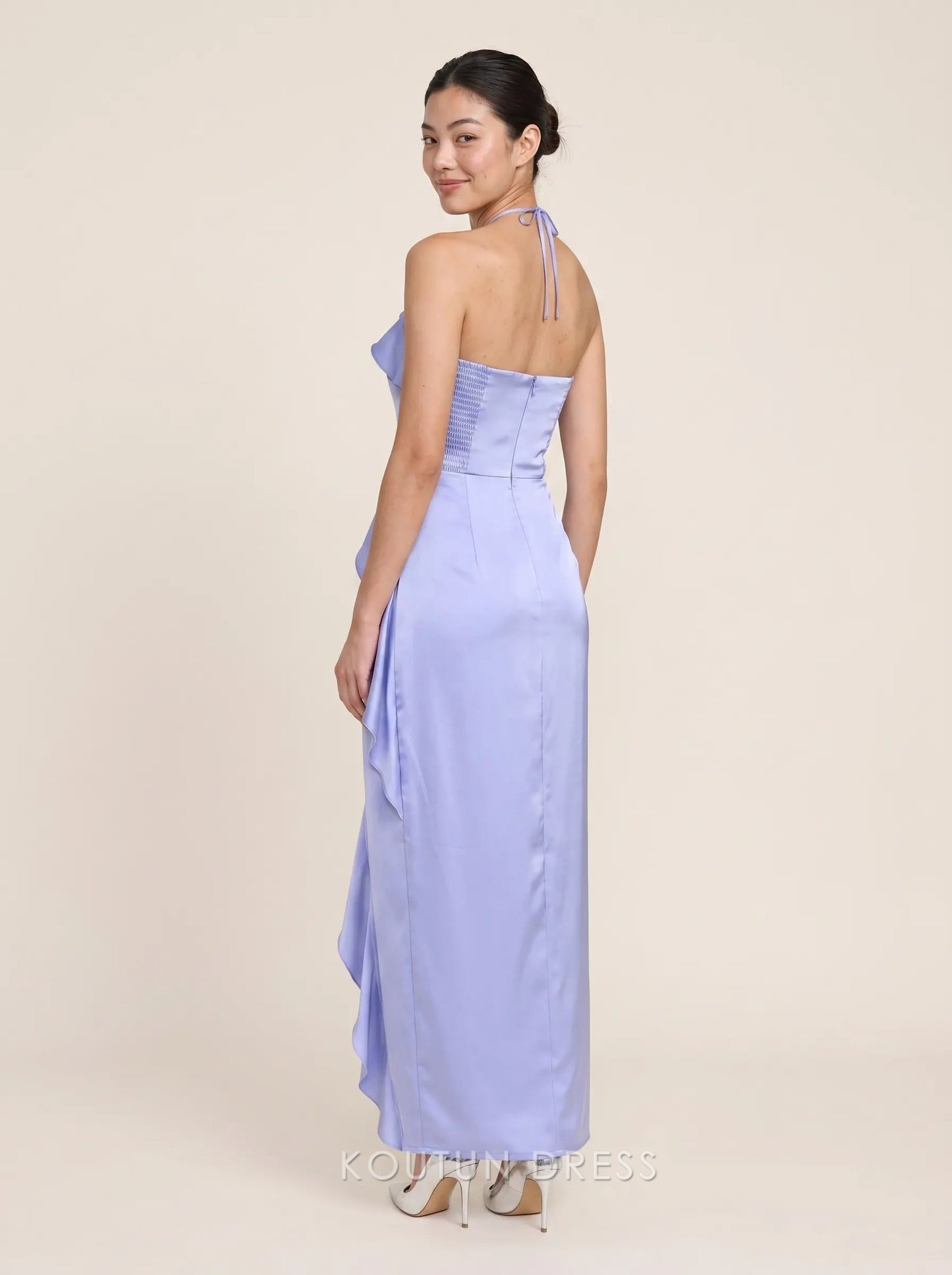Halter Neck Sleeveless Tie Back Satin Asymmetrical Ruffle High Slit Floor Length Maxi Prom Dress