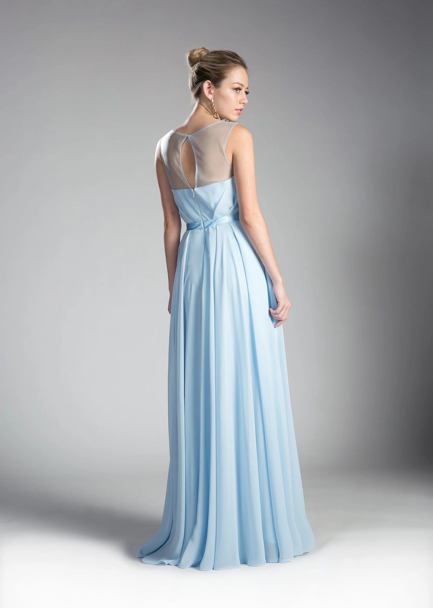 Illusion Neck Sky Blue Chiffon Evening Dresses with Satin Belt and Floor-Length Skirt
