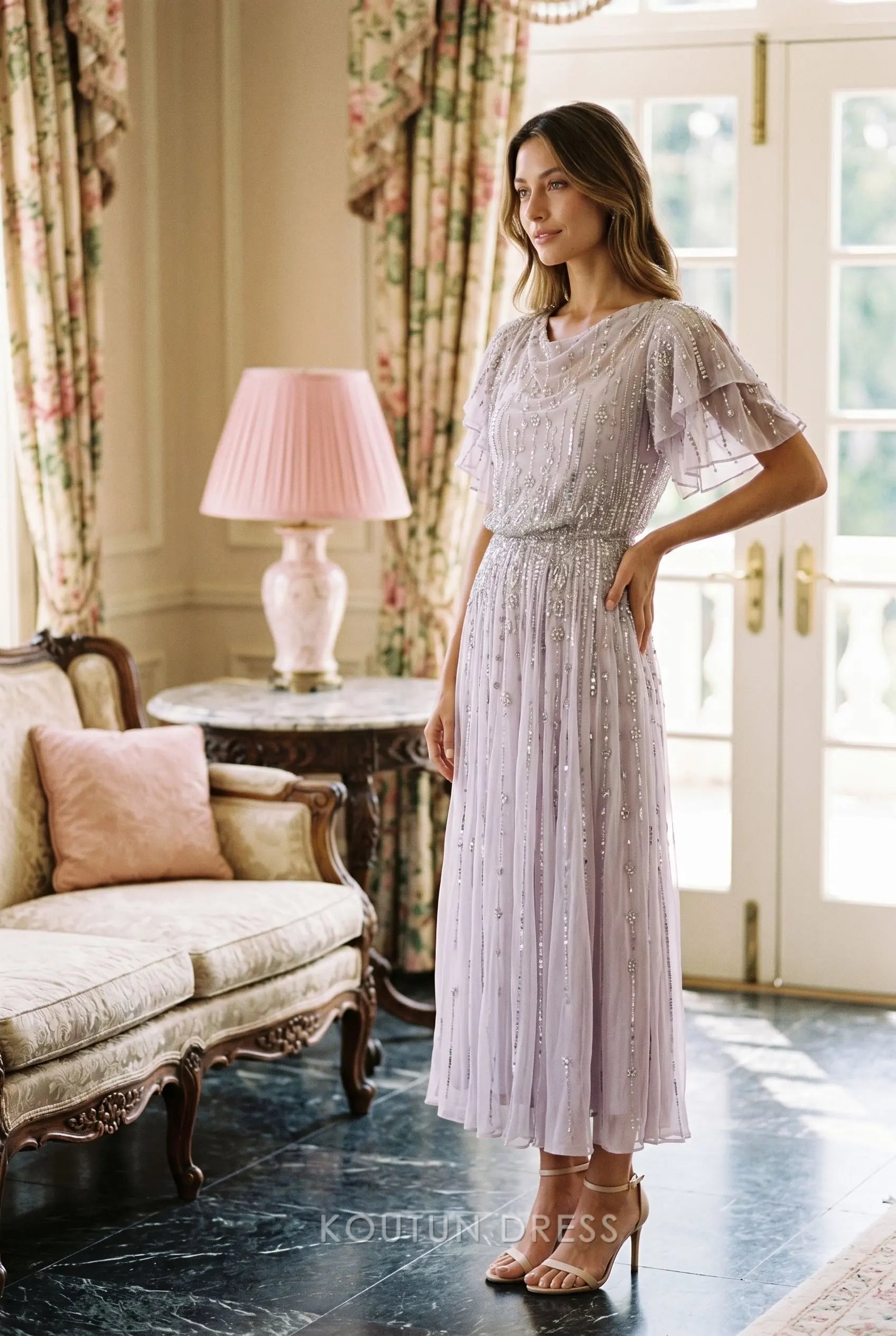 Lavender Chiffon Cowl Neck Layered Ruffle Short Sleeve Vertical Beaded – Koutun Dress