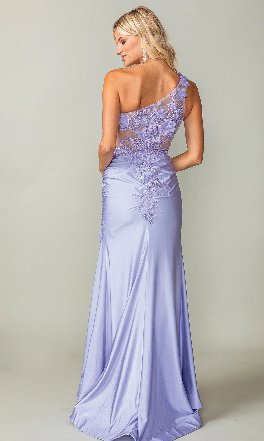 Lavender Satin Maxi Prom Dresses with One Shoulder Sheer Mesh Bodice 3D Floral Embroidery High Slit and Mermaid Train