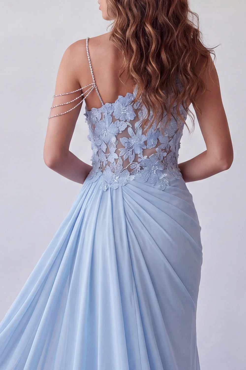 Light Blue Asymmetric Prom Dress With Floral Lace Bodice Beaded Strap And Draped Chiffon Skirt Formal Prom Dress