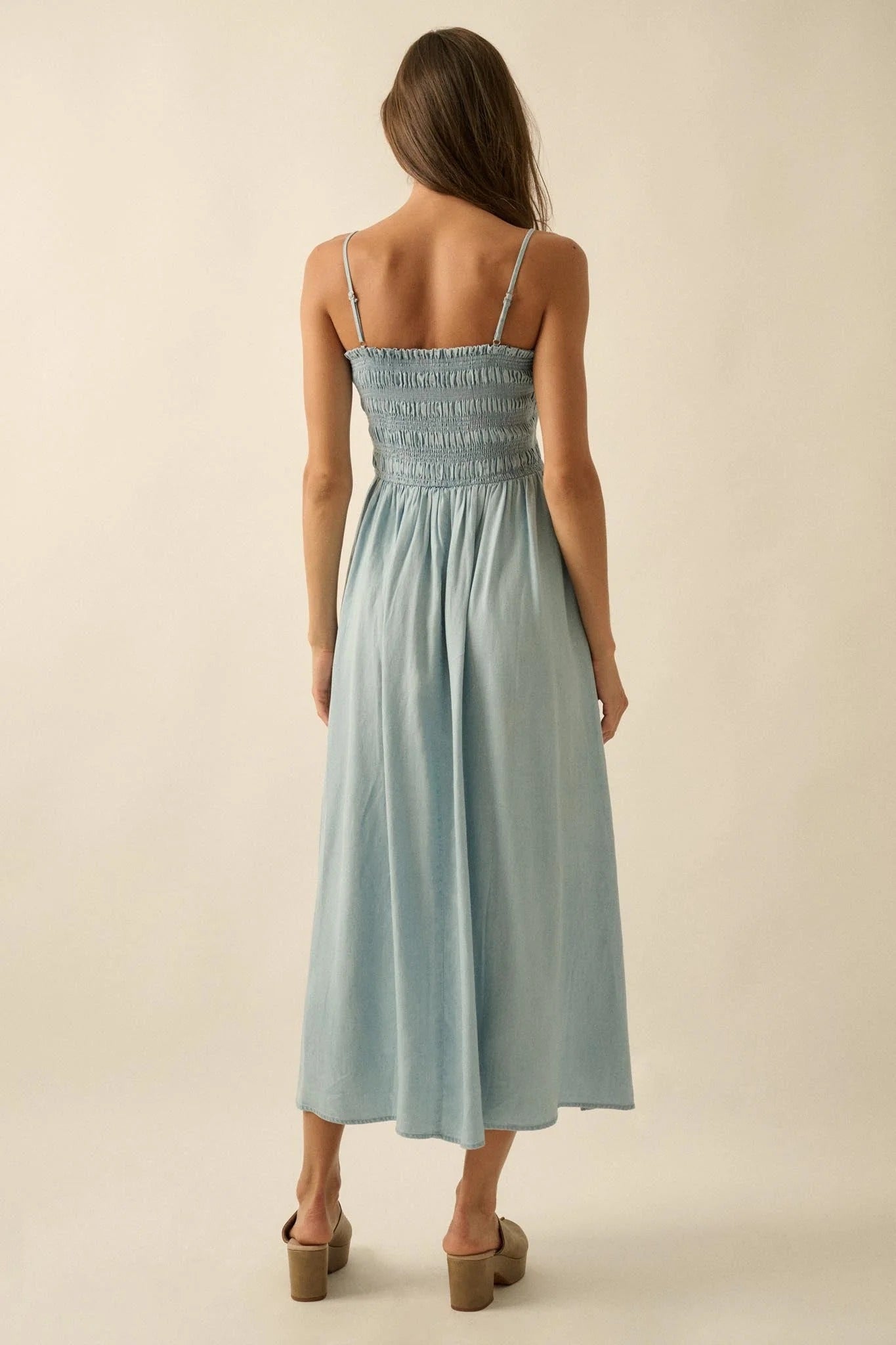Light Blue Chambray Maxi Dresses with Spaghetti Strap Smocked Bodice for Beach Vacation and Weekend Outing