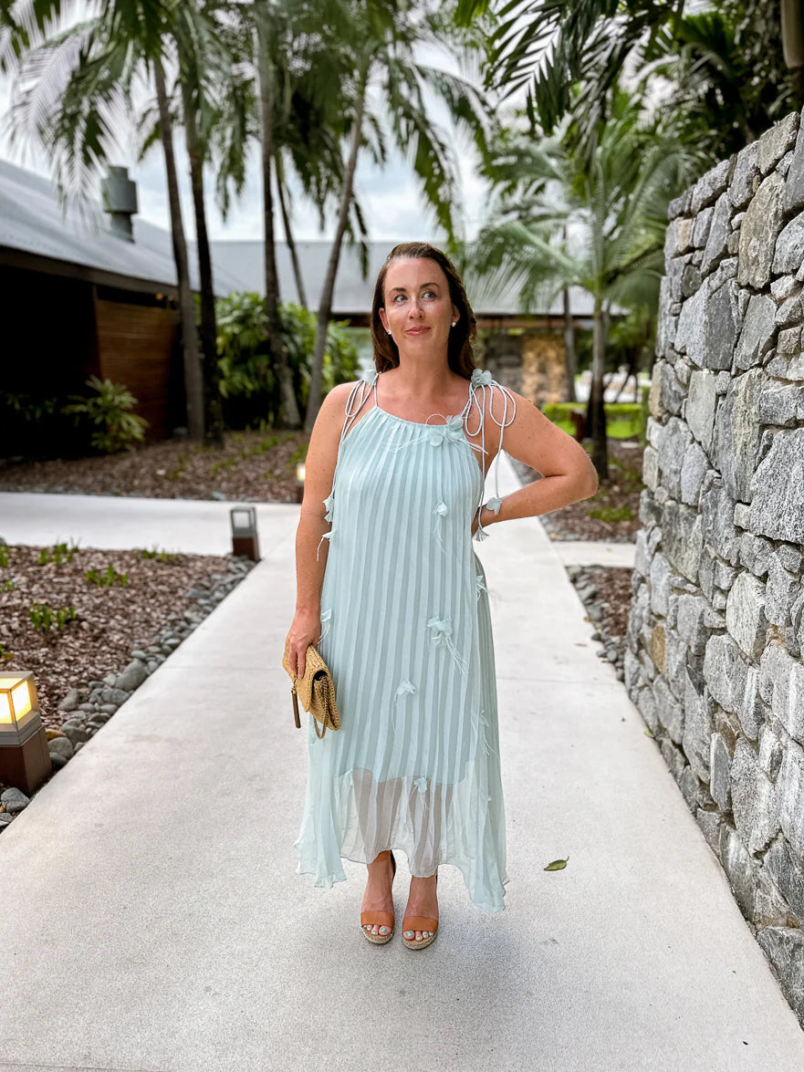 Light Blue Halter Neck Tie Straps Pleated Chiffon Flowy Midi Prom Dress
