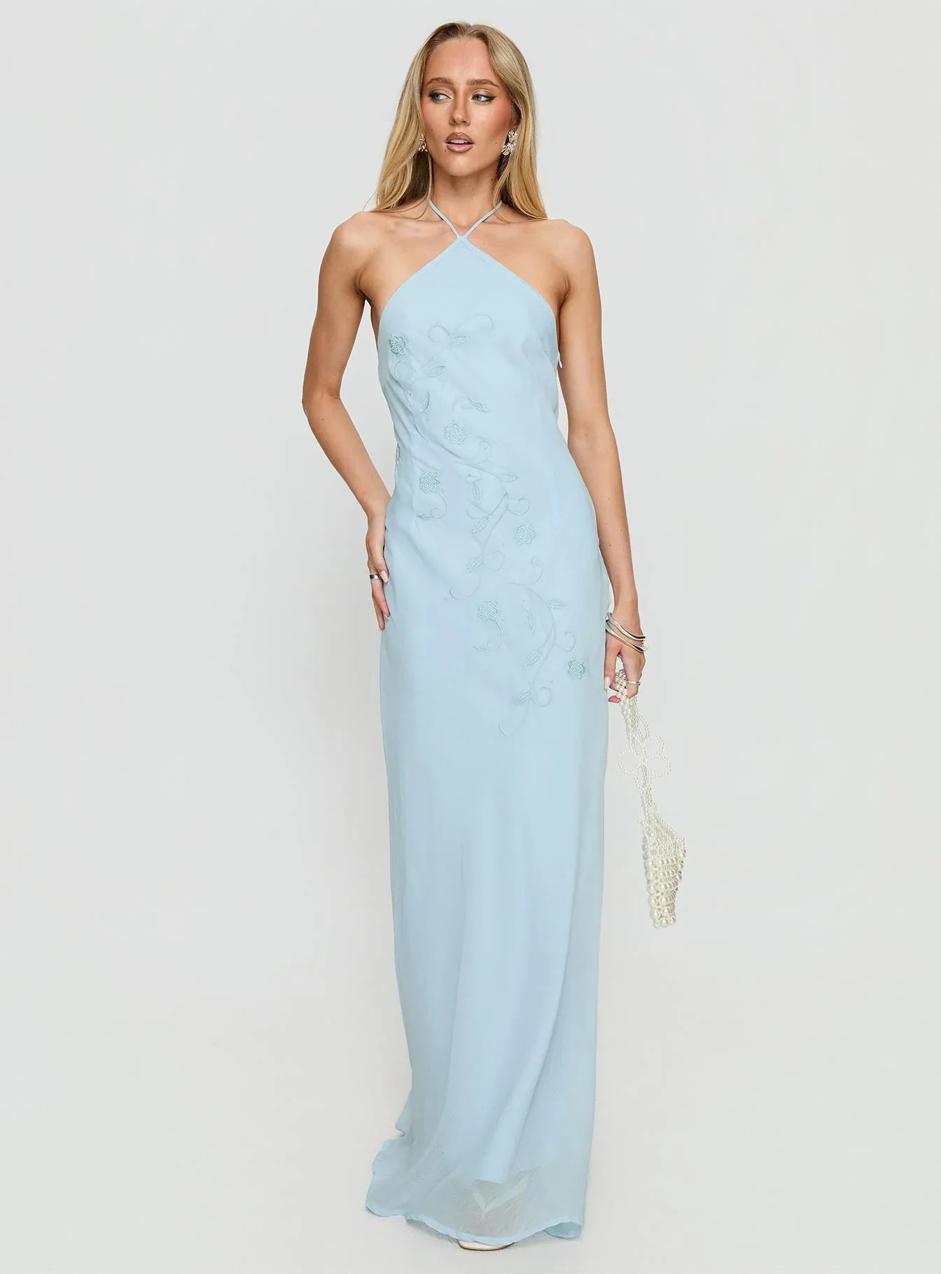 Light Blue Halter Prom Dress with Floral Embroidery and Open Back for Formal Events and Prom Nights