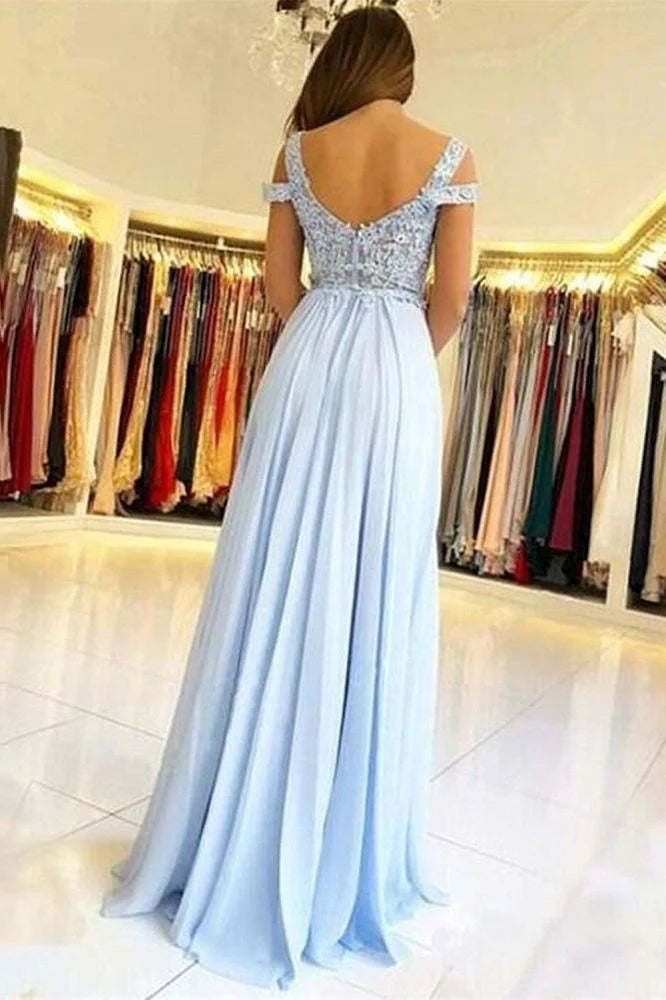 Light Blue Off The Shoulder Prom Dress With Lace Appliqué Bodice High Slit And Chiffon A Line Formal Prom Dress