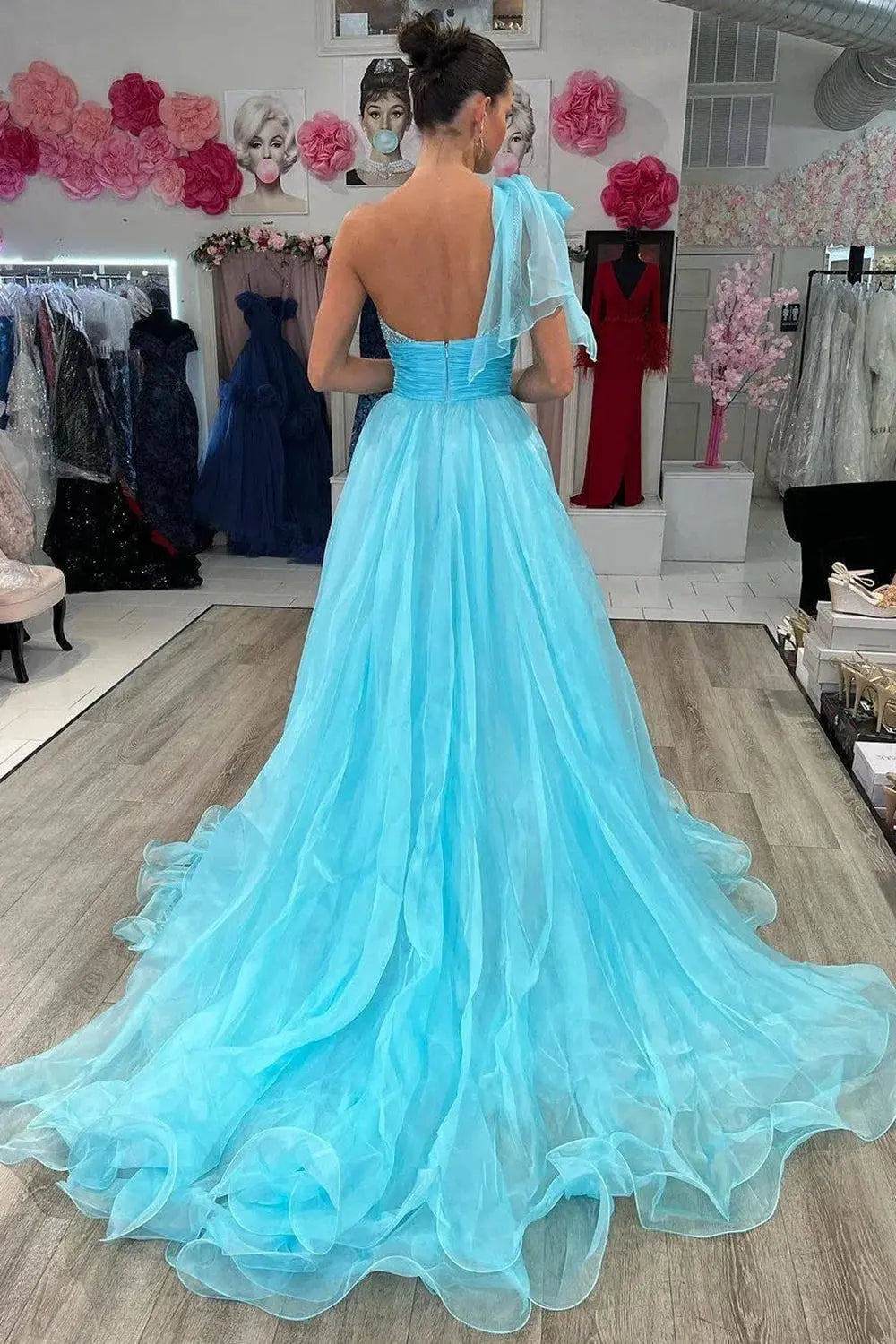 Light Blue One Shoulder Tulle Prom Dress with Beaded Bodice and Ruffle Detail for Formal Events and Prom Nights