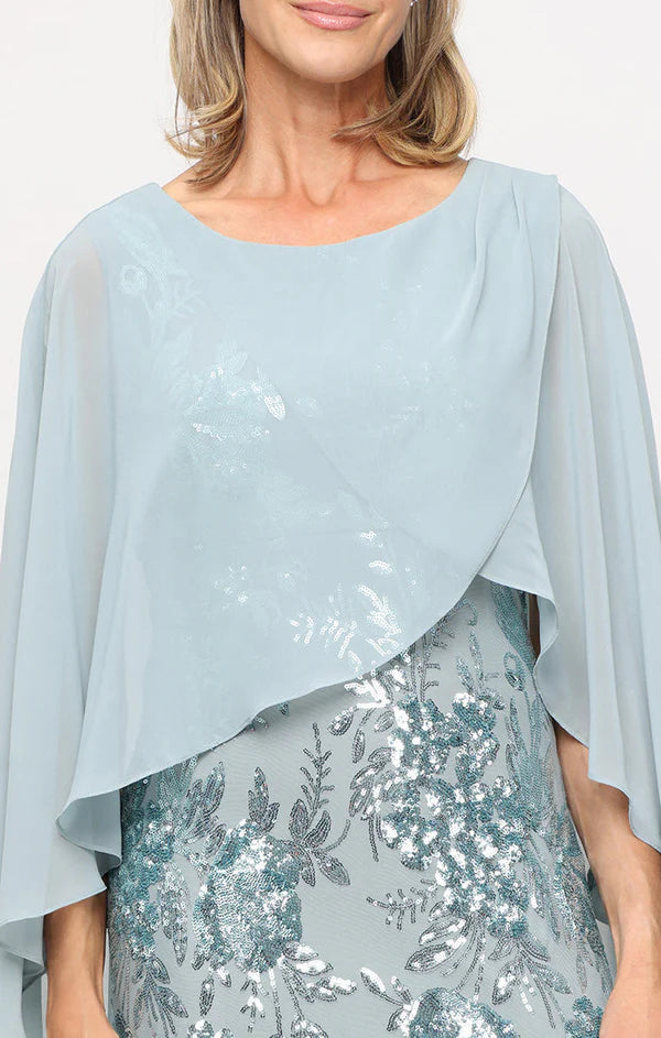 Light Blue Round Neck Chiffon Capelet Floral Sequin Floor Length Formal Evening Prom Dress
