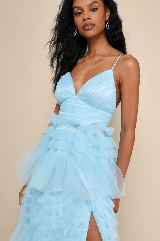 Light Blue Spaghetti Strap Prom Dress With Pleated V Neck Tiered Tulle And High Slit Formal Prom Dress