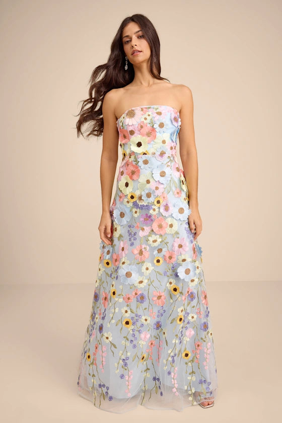 Light Blue Strapless Prom Dress With Multicolor 3D Floral Embroidery And Tulle A Line Formal Prom Dress