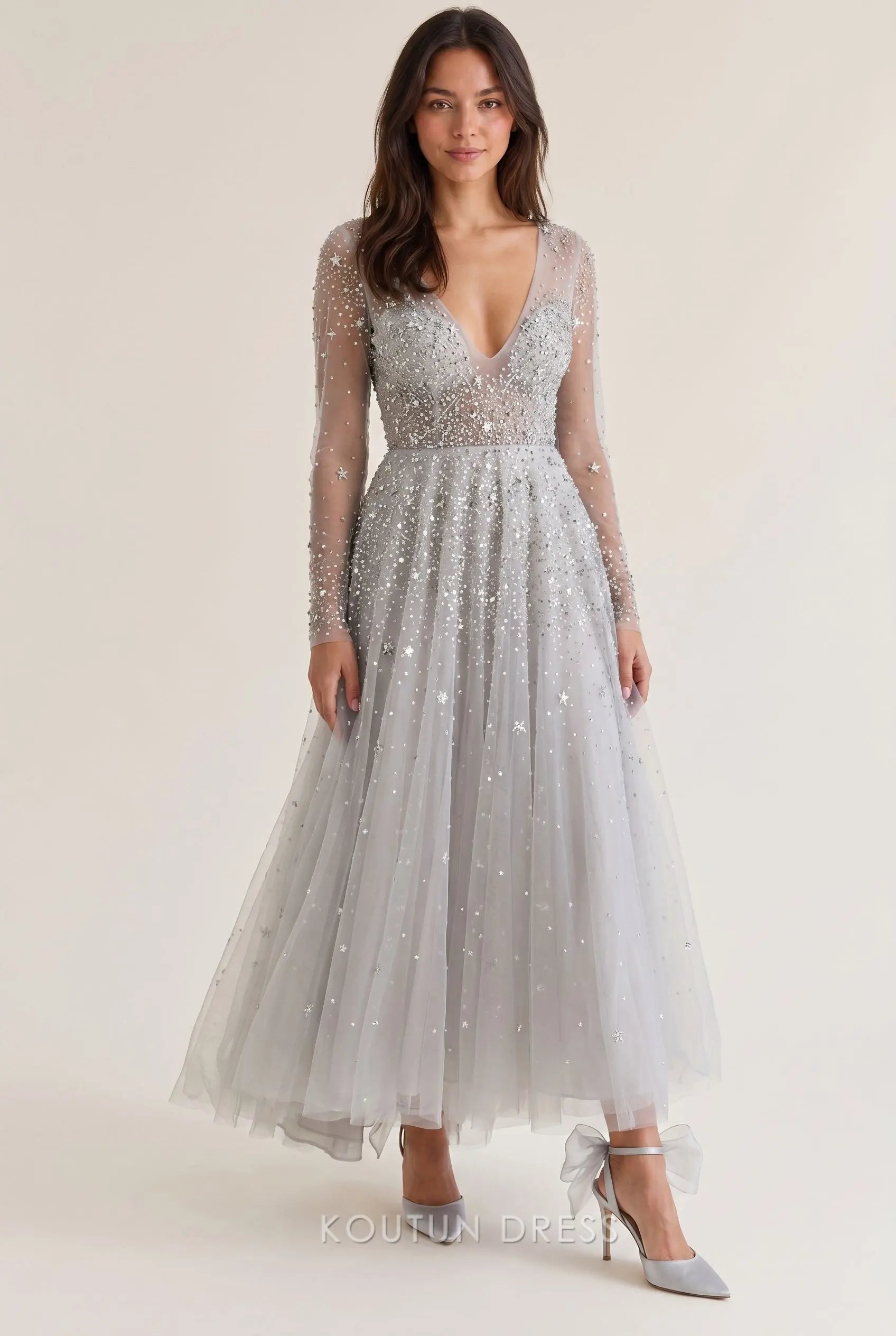 Light Grey Deep V Neck Long Sleeve Sheer Mesh Star Sequin Embellished – Koutun Dress