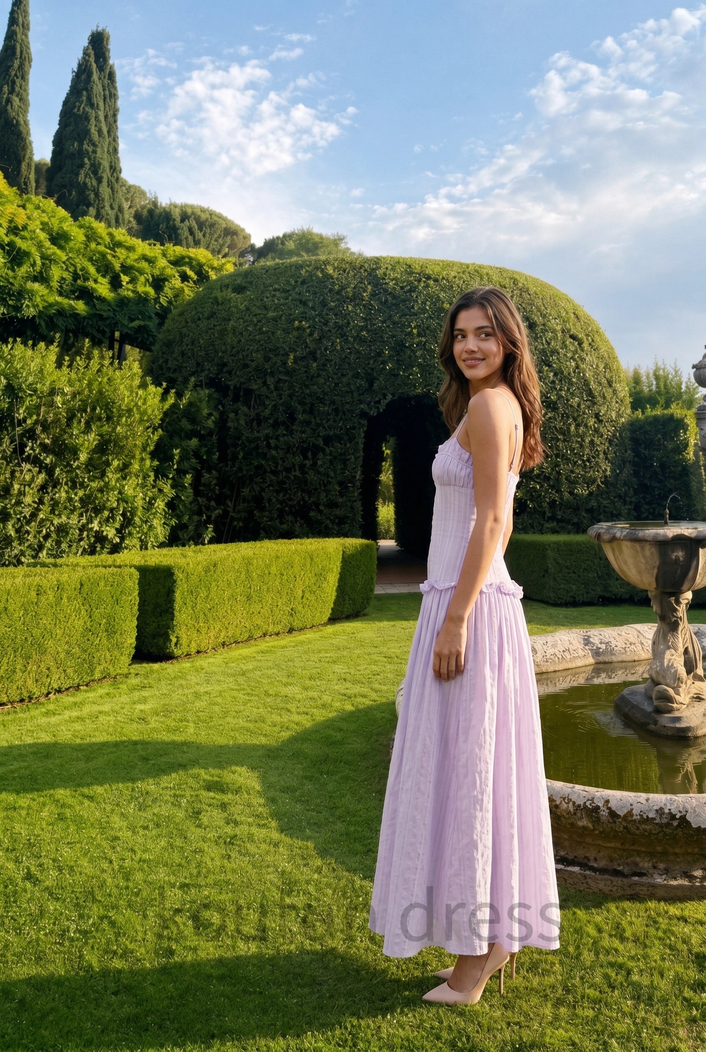 Lilac Spaghetti Strap Ruched Bust Ruffle Waist Tiered Cotton Maxi Formal Evening Prom Dress