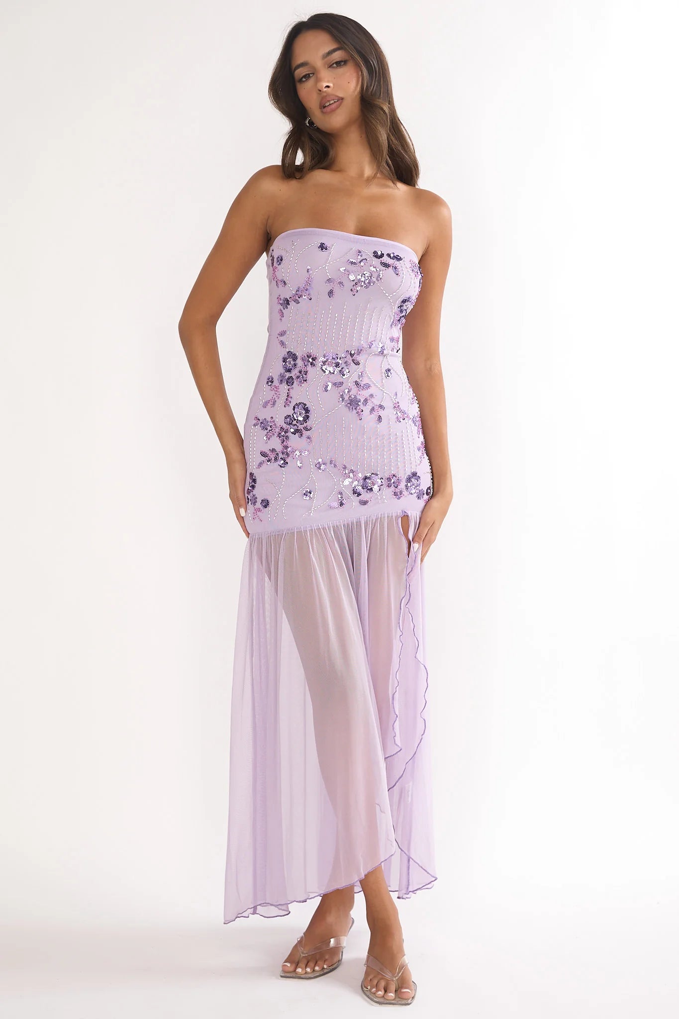 Lilac Strapless Beaded Floral Sheer Tulle High Slit Maxi Prom Dress