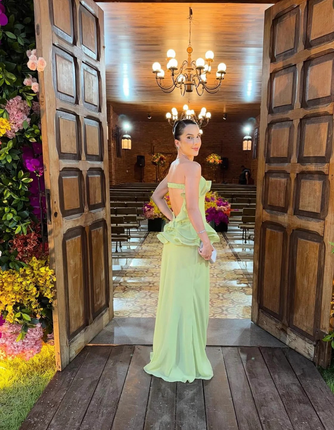 Lime Green Strapless Prom Dress With Ruffle Peplum Detail And Open Back Chiffon Formal Prom Dress