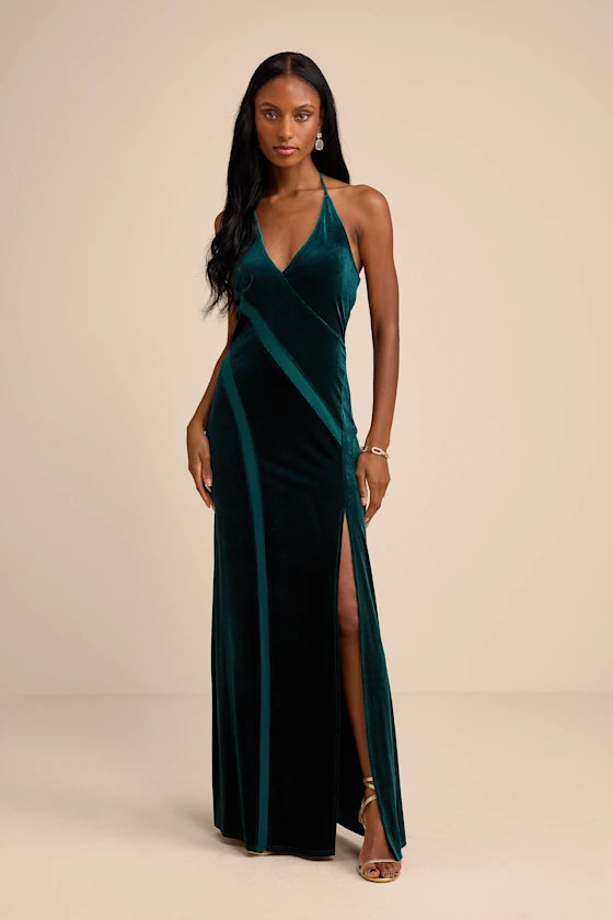 Luxe Emerald Green Velvet Halter Maxi Dress with Asymmetric Detail and