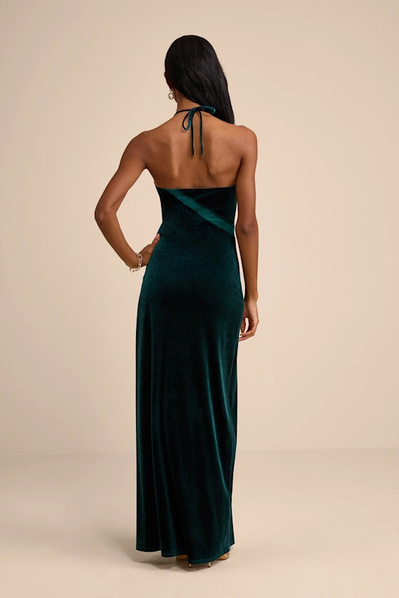 Luxe Emerald Green Velvet Halter Maxi Dress with Asymmetric Detail and High Side Slit: Prom Dress