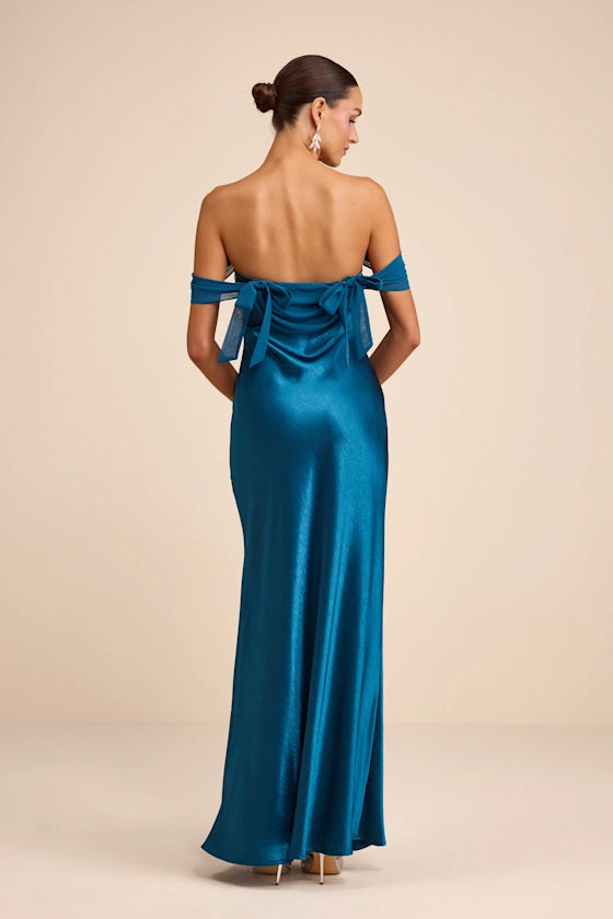 Luxe Teal Satin Off-the-Shoulder Maxi Dress with Open Back and Tie Detail, Formal Evening Dresses