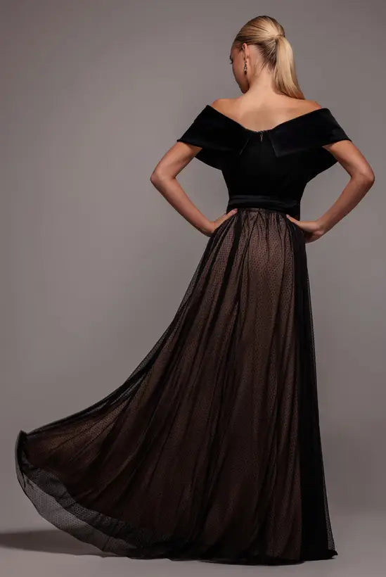 Luxurious Black Velvet Off-the-Shoulder V-Neck Gown with Dotted Tulle A-Line Skirt and Sash Tie, Prom Dress