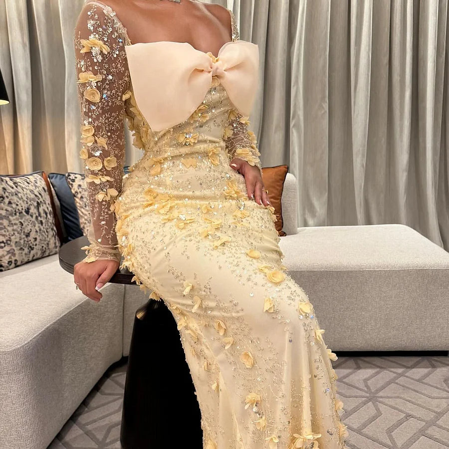 Luxury Butter Yellow Prom Dresses with Beaded Fabric 3D Floral Applique and Bow Detail