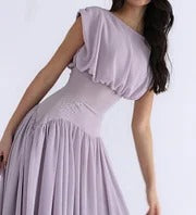 Luxury Lavender Prom Dresses with Chiffon Fabric Cap Sleeve and Beaded Waist