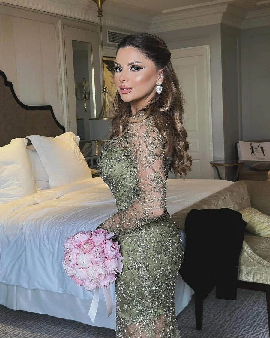 Luxury Sage Green Prom Dresses with Beaded Fabric Long Sheer Sleeves and Lace Up Back