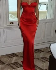 Luxury White Red Prom Dresses with Satin Fabric Strapless Sweetheart Neck and High Slit